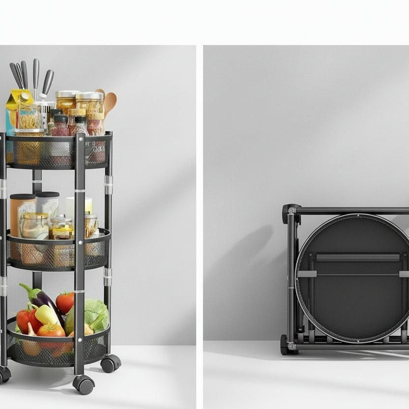 Foldable Round Rotating 3-Tier Metallic Storage Rack with Wheels