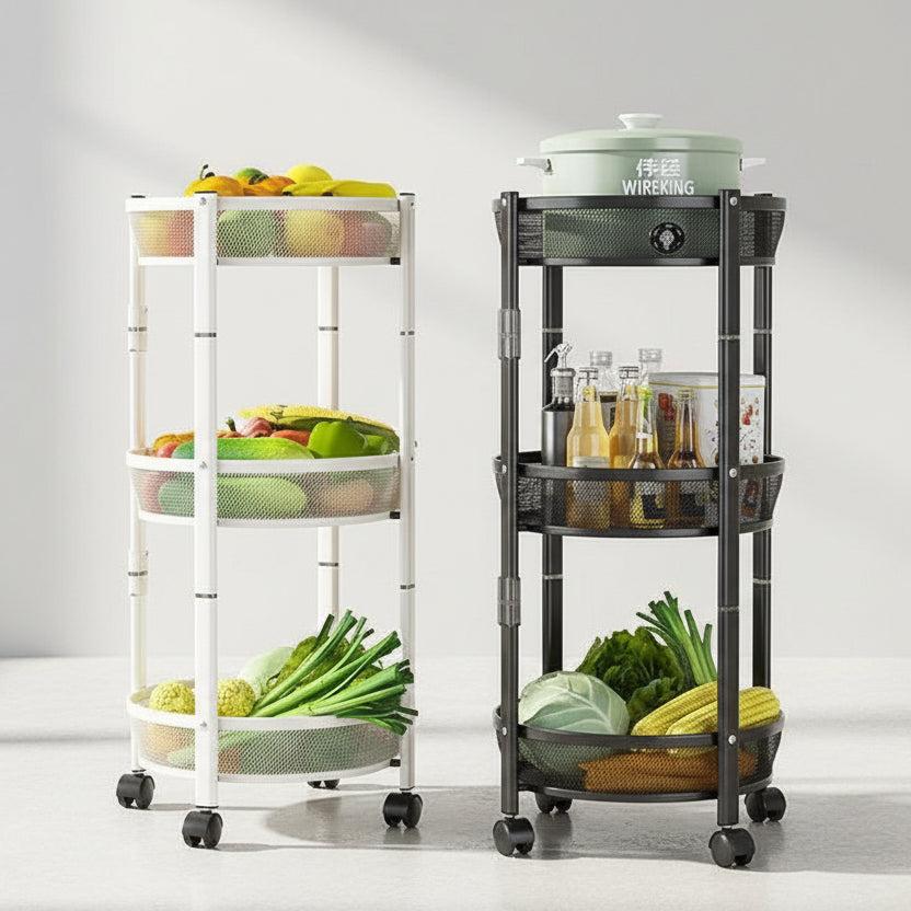 Foldable Round Rotating 3-Tier Metallic Storage Rack with Wheels