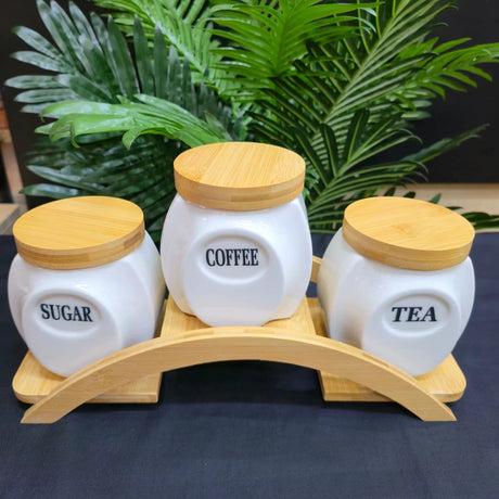 3-Piece Ceramic Canister Set with Curved Wooden Stand and Bamboo Lids Storage jar Food Storage Containers