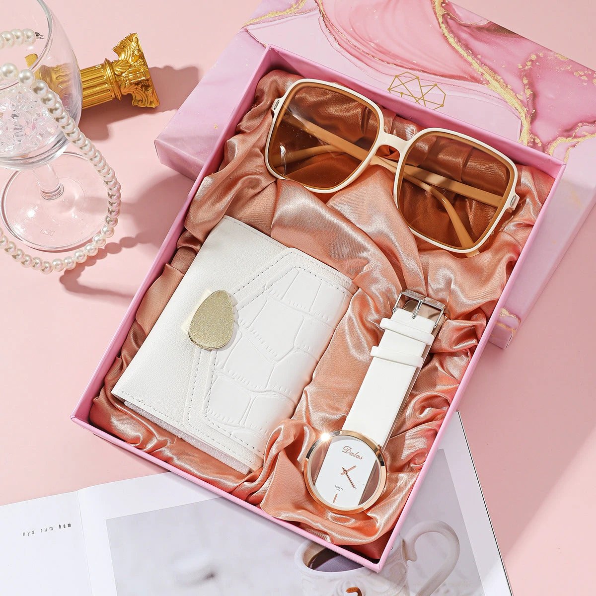 3Pcs Luxury Women’s Watches Gift Set Quartz Watch Sunglasses Wallet with Gift Box Gift set Jewelry Sets