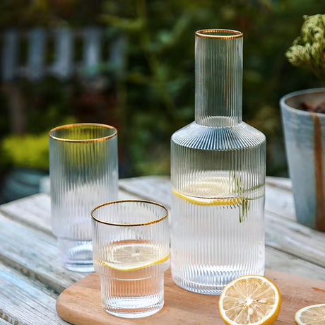 6-Piece Ribbed Glasses with Gold Rim & Matching Decanter – Elegant Drinkware Set- Furaha Finds Kenya