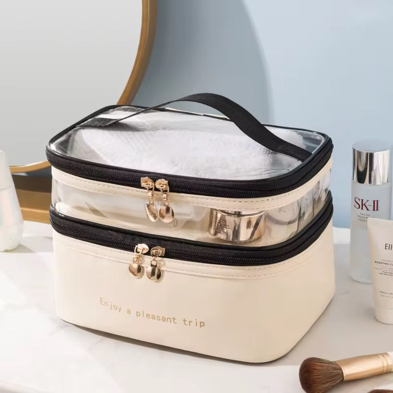 PU Leather Double Layer Waterproof Toiletries & Cosmetics Bag Compact Travel Organizer