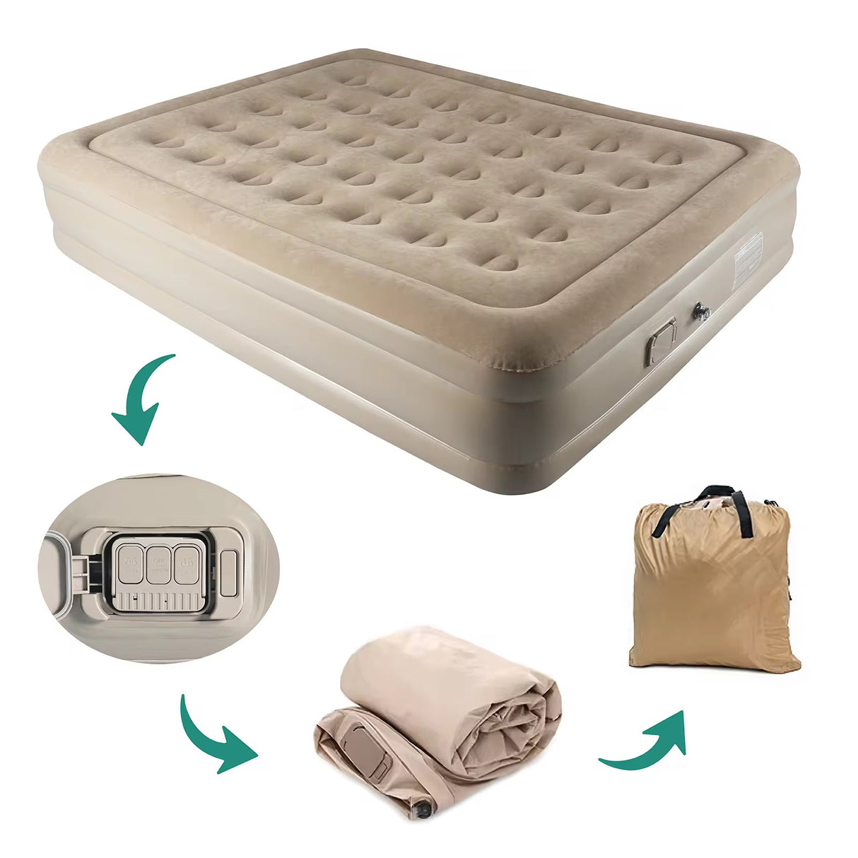 Queen Size Inflatable Airbed Mattress with Built-In Electric Pump Self-Inflating.