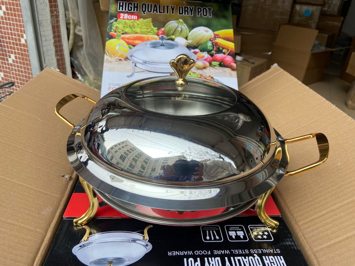Luxury Stainless Steel Round Chafing Dish – 4L Buffet Food Warmer with Gold Handles & Legs- Furaha Finds Kenya