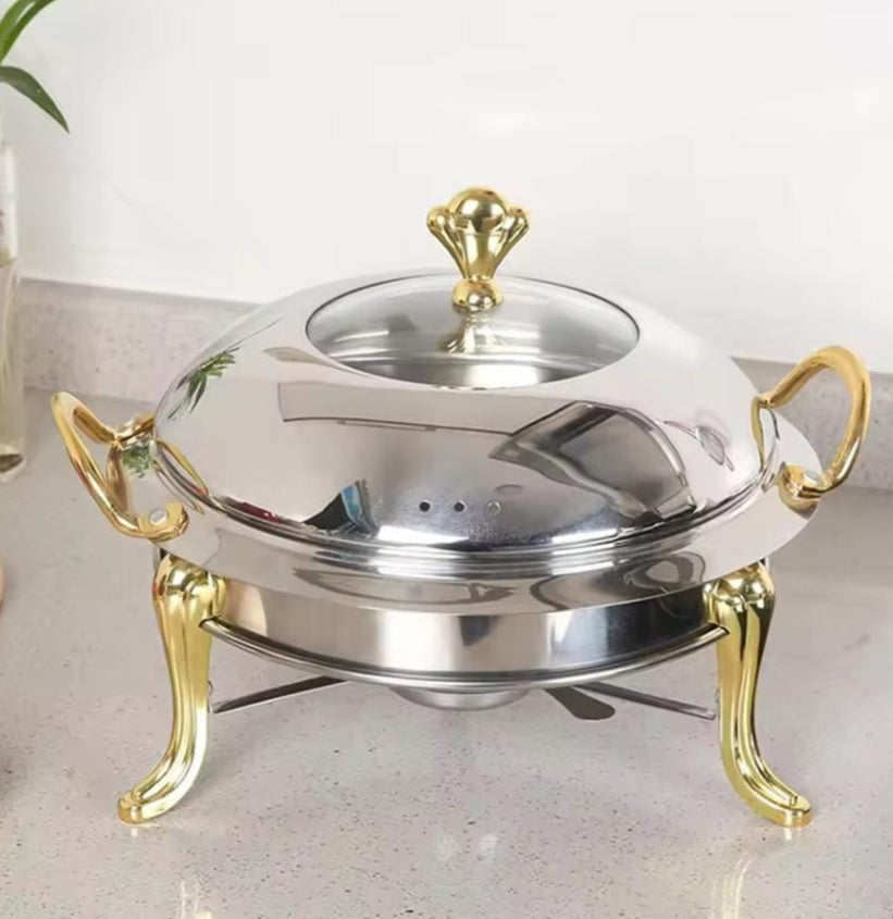 Luxury Stainless Steel Round Chafing Dish – 4L Buffet Food Warmer with Gold Handles & Legs- Furaha Finds Kenya