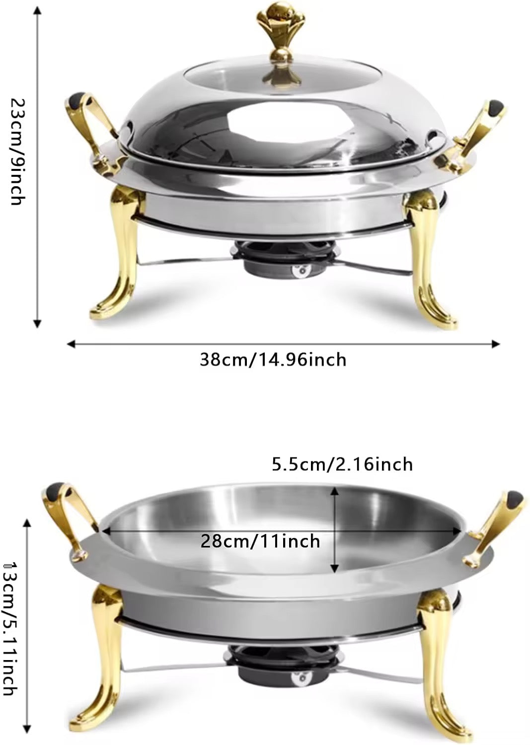 Luxury Stainless Steel Round Chafing Dish – 4L Buffet Food Warmer with Gold Handles & Legs- Furaha Finds Kenya
