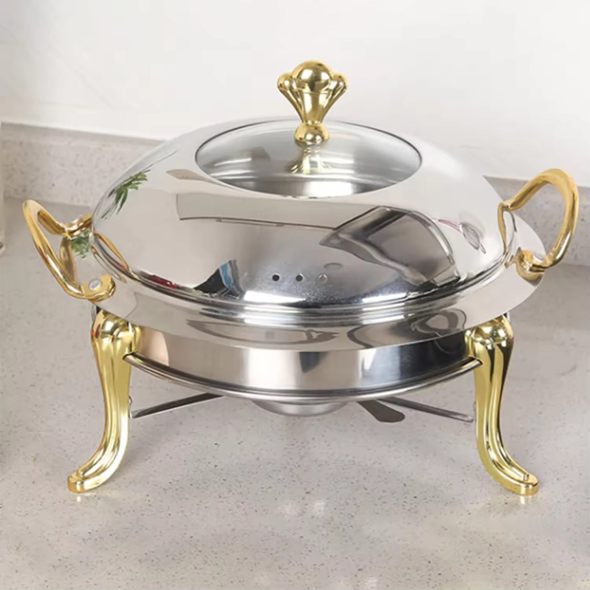 Luxury Stainless Steel Round Chafing Dish – 4L Buffet Food Warmer with Gold Handles & Legs- Furaha Finds Kenya
