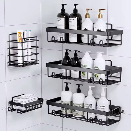 5-Piece Wall-Mounted Shower Caddy Set – Rustproof Carbon Steel Bathroom Organizer | Strong Adhesive