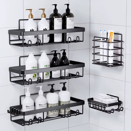 5-Piece Wall-Mounted Shower Caddy Set – Rustproof Carbon Steel Bathroom Organizer | Strong Adhesive