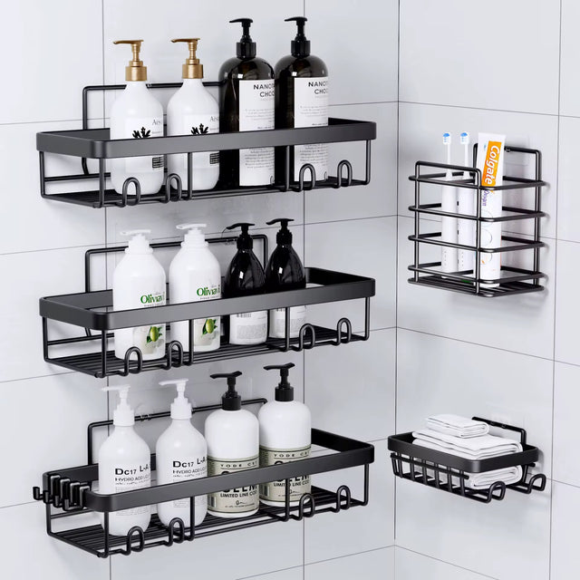 5-Piece Wall-Mounted Shower Caddy Set – Rustproof Carbon Steel Bathroom Organizer | Strong Adhesive