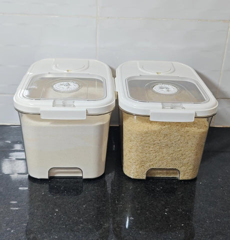 Acrylic Airtight Rice & Cereal Storage Bucket with Scooper – 5kg & 10kg | Moisture-Proof | Cream & White- Furaha Finds Kenya