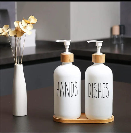 2-Piece Ceramic Soap & Lotion Dispenser Set with Bamboo Tray – 500ml | Hands/Dishes & Soap/Lotion Labels | Black & White