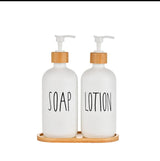 2-Piece Ceramic Soap & Lotion Dispenser Set with Bamboo Tray – 500ml | Hands/Dishes & Soap/Lotion Labels | Black & White