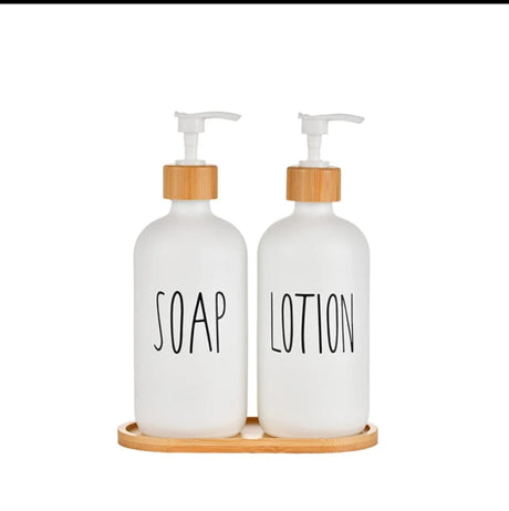 2-Piece Ceramic Soap & Lotion Dispenser Set with Bamboo Tray – 500ml | Hands/Dishes & Soap/Lotion Labels | Black & White