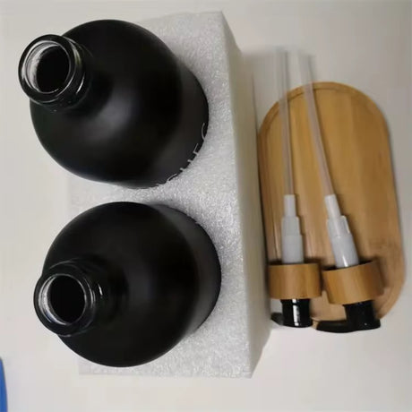 2-Piece Ceramic Soap & Lotion Dispenser Set with Bamboo Tray – 500ml | Hands/Dishes & Soap/Lotion Labels | Black & White
