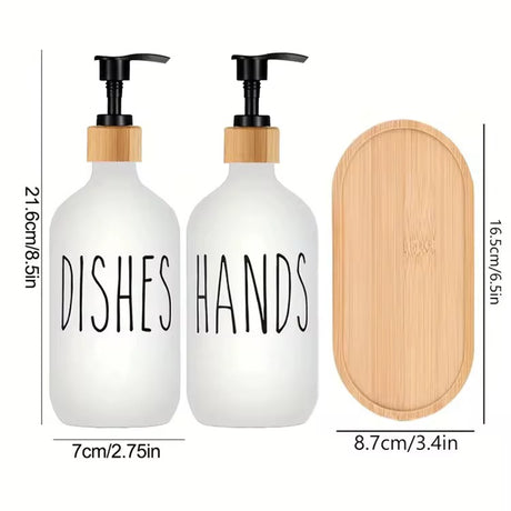 2-Piece Ceramic Soap & Lotion Dispenser Set with Bamboo Tray – 500ml | Hands/Dishes & Soap/Lotion Labels | Black & White