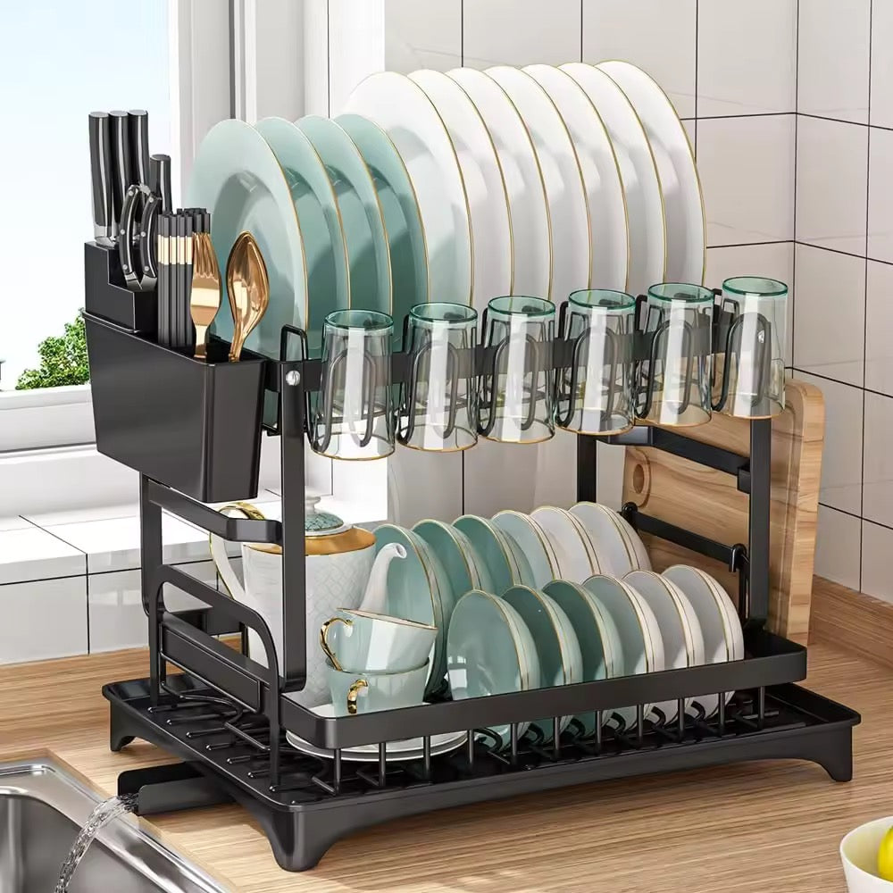 2-Tier Dish Rack with Chopping Board & Utensil Holder – Black Carbon Steel | 42x30x30cm- Furaha Finds Kenya