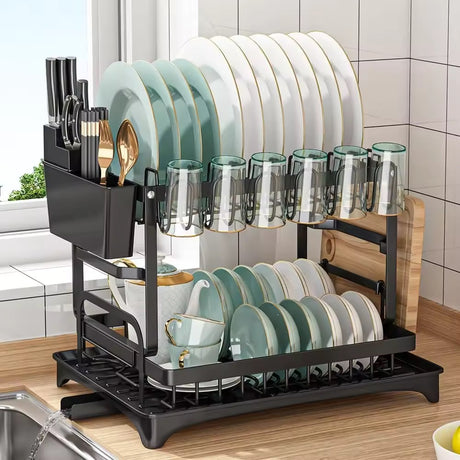 2-Tier Dish Rack with Chopping Board & Utensil Holder – Black Carbon Steel | 42x30x30cm- Furaha Finds Kenya