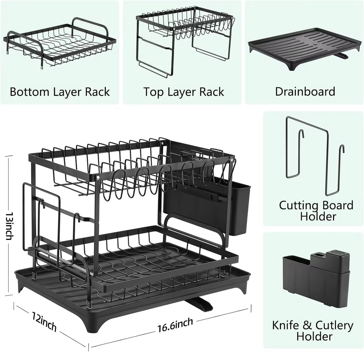 2-Tier Dish Rack with Chopping Board & Utensil Holder – Black Carbon Steel | 42x30x30cm- Furaha Finds Kenya