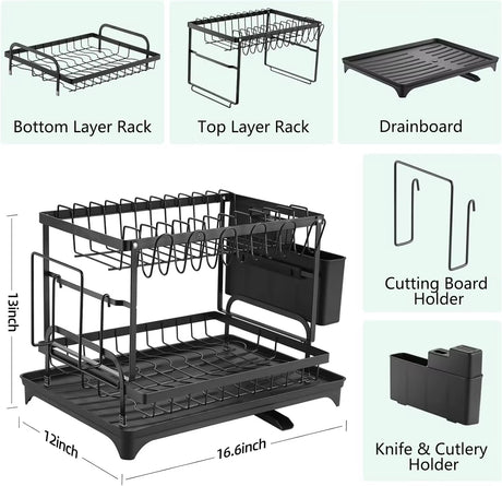2-Tier Dish Rack with Chopping Board & Utensil Holder – Black Carbon Steel | 42x30x30cm- Furaha Finds Kenya