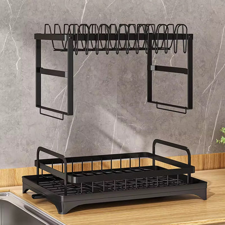 2-Tier Dish Rack with Chopping Board & Utensil Holder – Black Carbon Steel | 42x30x30cm- Furaha Finds Kenya