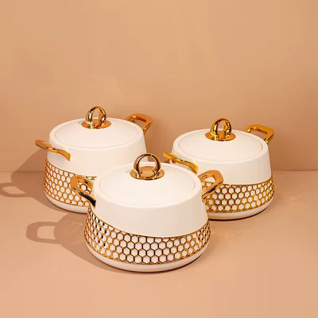 3-Piece Luxury Insulated Food Warmer Set – Gold Honeycomb Design (2L, 2.5L, 3L)- Furaha Finds Kenya