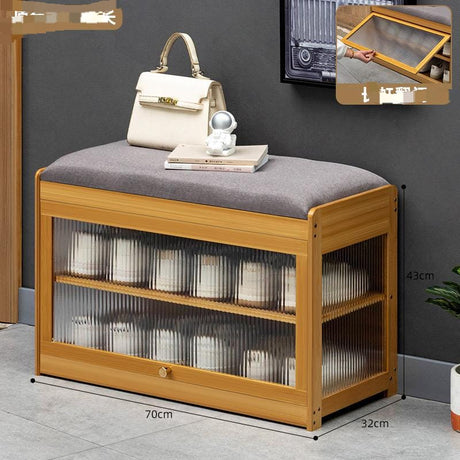 Wooden Stool with Built-In Shoe Cabinet Space-Saving Entryway Organizer