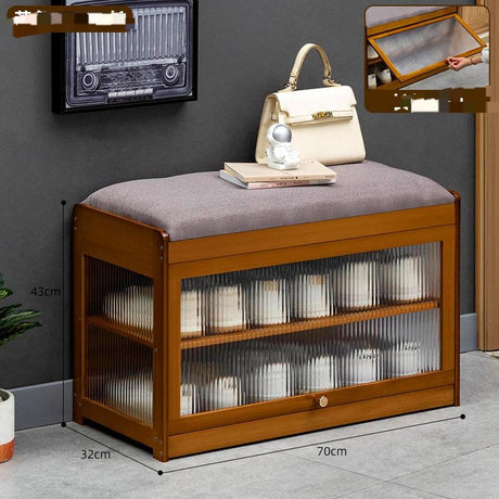 Wooden Stool with Built-In Shoe Cabinet Space-Saving Entryway Organizer