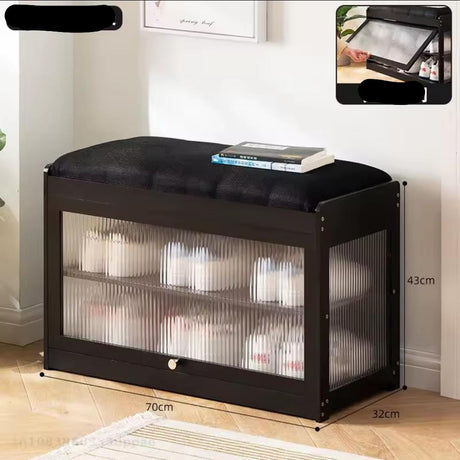 Wooden Stool with Built-In Shoe Cabinet Space-Saving Entryway Organizer