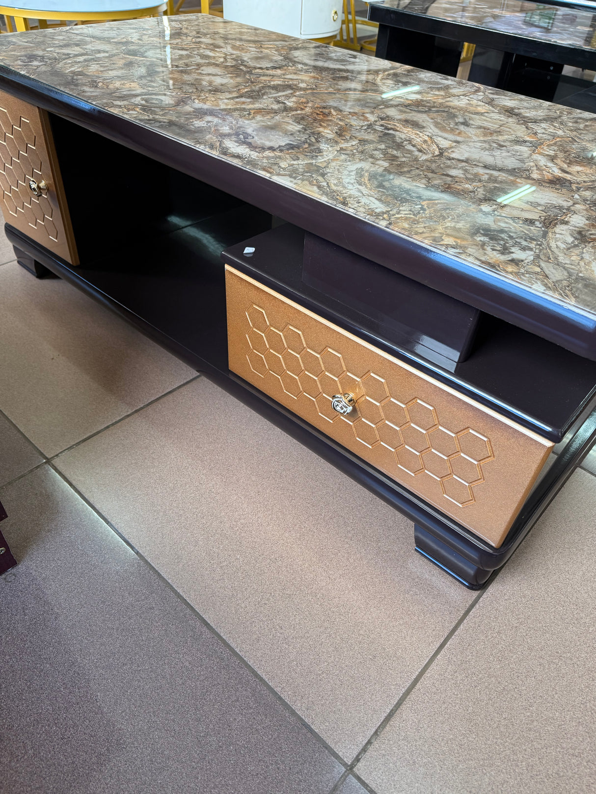 Rectangular Coffee Table – 120cm Marble Effect with Tree Stamp Design, Dual Drawers & Cabinets