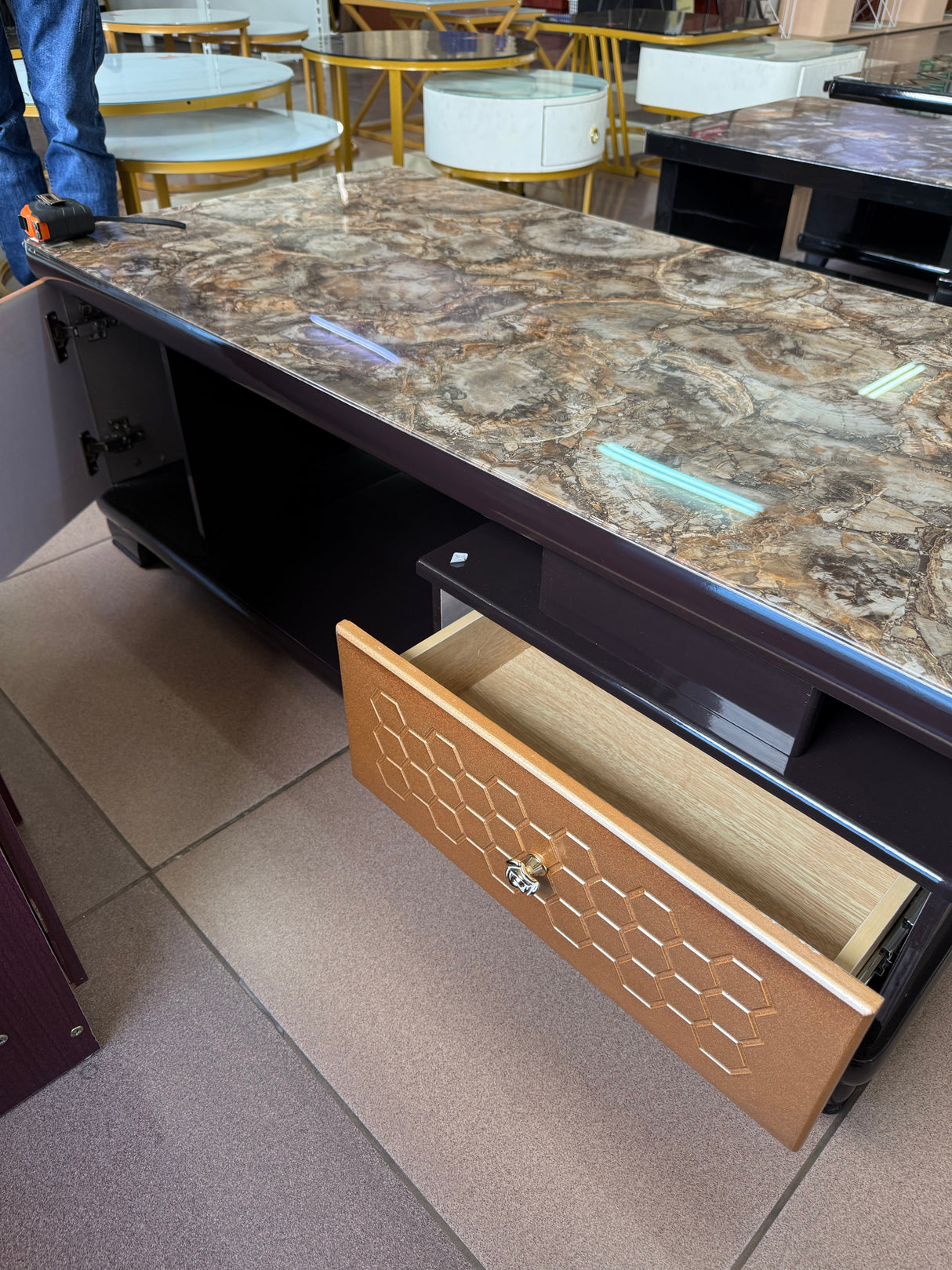 Rectangular Coffee Table – 120cm Marble Effect with Tree Stamp Design, Dual Drawers & Cabinets