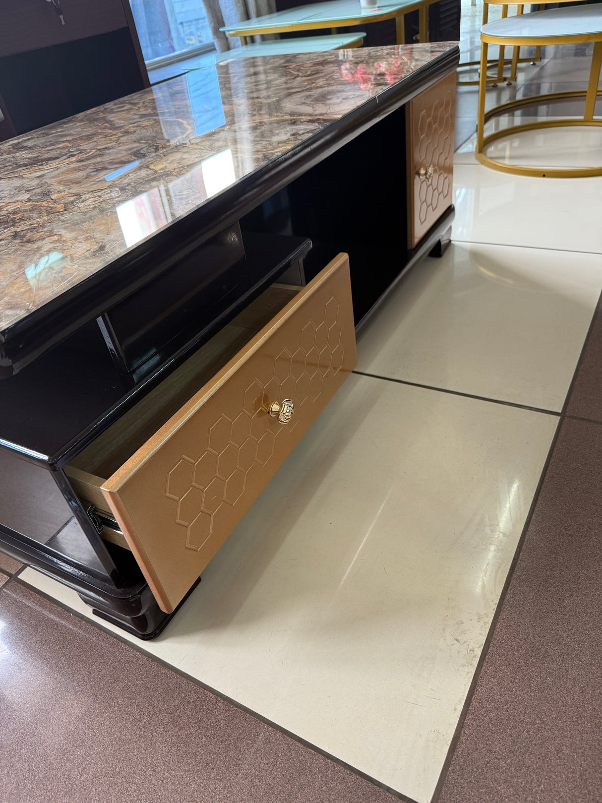 Rectangular Coffee Table – 120cm Marble Effect with Tree Stamp Design, Dual Drawers & Cabinets