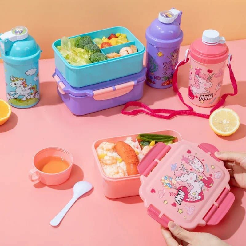 Kids Snack Set 3 Compartments with Bottle Cup Spoon & Dish