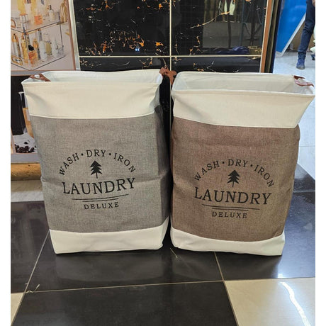 Large Capacity Cotton & Linen Cloth Foldable Laundry Deluxe Baskets with PU Leather Handles | Khaki | Black | 35 cm x 35 cm x 56 cm