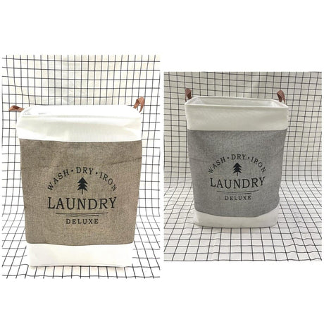 Large Capacity Cotton & Linen Cloth Foldable Laundry Deluxe Baskets with PU Leather Handles | Khaki | Black | 35 cm x 35 cm x 56 cm
