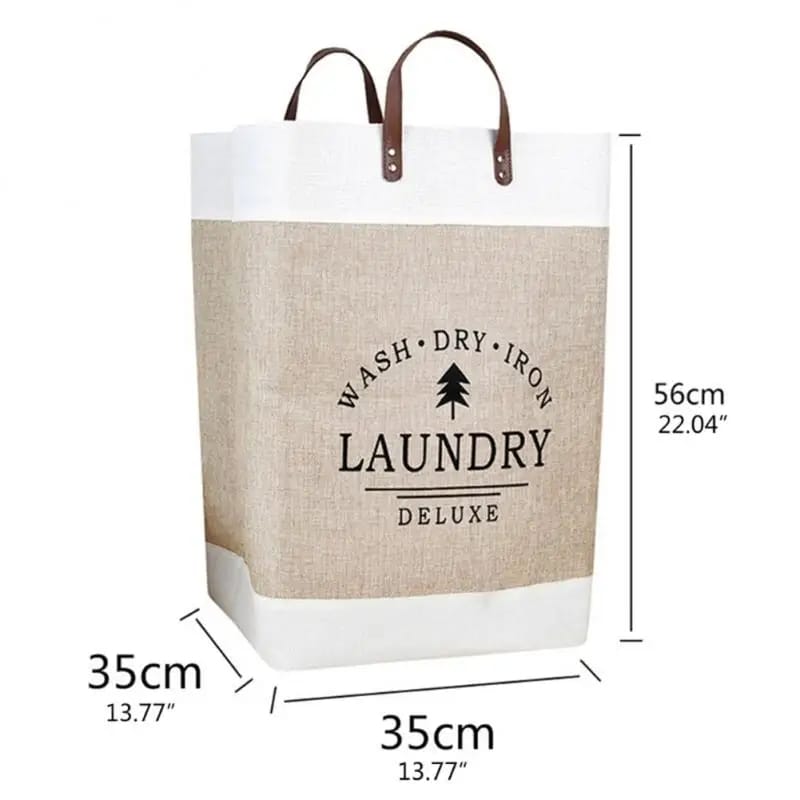 Large Capacity Cotton & Linen Cloth Foldable Laundry Deluxe Baskets with PU Leather Handles | Khaki | Black | 35 cm x 35 cm x 56 cm