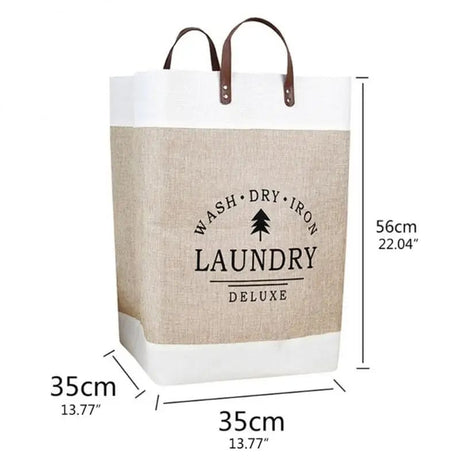 Large Capacity Cotton & Linen Cloth Foldable Laundry Deluxe Baskets with PU Leather Handles | Khaki | Black | 35 cm x 35 cm x 56 cm