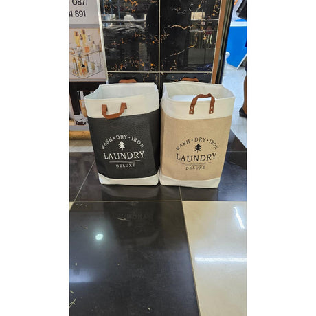 Large Capacity Cotton & Linen Cloth Foldable Laundry Deluxe Baskets with PU Leather Handles | Khaki | Black | 35 cm x 35 cm x 56 cm