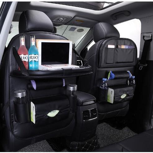 Leather Car Back Seat Organizer Waterproof, Foldable Tray & Multiple Pockets Heavy-Duty Travel Storage Solution.