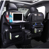 Leather Car Back Seat Organizer Waterproof, Foldable Tray & Multiple Pockets Heavy-Duty Travel Storage Solution.
