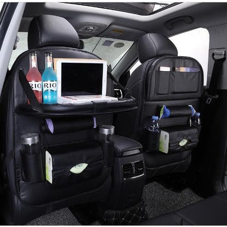 Leather Car Back Seat Organizer Waterproof, Foldable Tray & Multiple Pockets Heavy-Duty Travel Storage Solution.