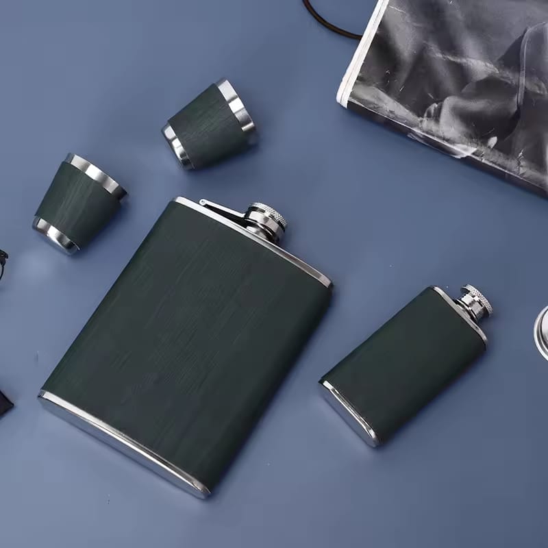 Leather-Covered Whiskey Flasks Gift Set with Tot Glasses and Funnel