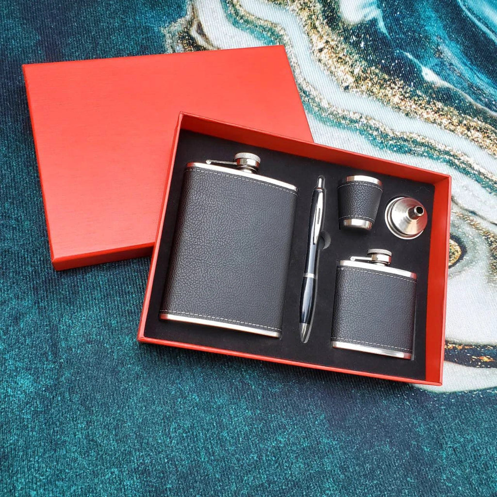 Leather-Covered Whiskey Flasks Gift Set with Tot Glasses and Funnel Gift set Decanters
