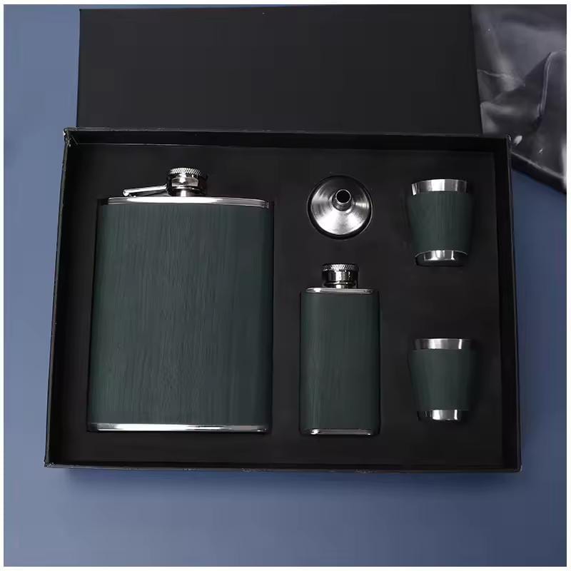 Leather-Covered Whiskey Flasks Gift Set with Tot Glasses and Funnel
