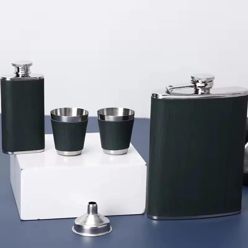 Leather-Covered Whiskey Flasks Gift Set with Tot Glasses and Funnel Gift set Decanters