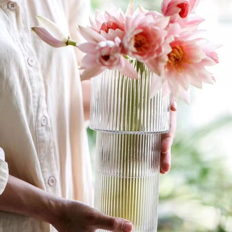 Long Designed Ribbed Glass Flower Vase | Elegant Decorative Vase | Living Room Decor Living Room Decor Vases