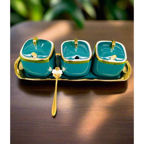 Luxurious Sugar Spice Dish Set – 3 Jars with Tray and Gold Spoons