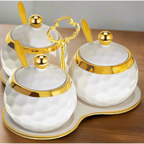 Luxurious Sugar and Spice Dish Set 3 Jars with Tray and Gold Spoons