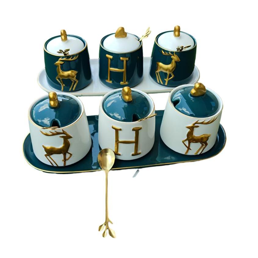 Luxurious Sugar/Spice Dish Set – 3 Jars with Tray and Gold Spoons