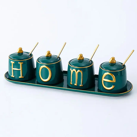 Luxurious Sugar/Spice Dish Set – 4 Jars with Tray and Gold Spoons